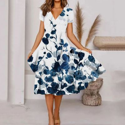 【YF】 Dresses For Women Summer V Neck Short Sleeve Midi Dress Bohemian Floral Printing Loose Girls Outfits Ladies Sundress