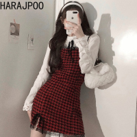 Dresses Harajpoo Women Strap 2021 y Lace Stitching Female Spring Autumn Slim y Plaid Vintage Black Fashion Y2k Mini Dress