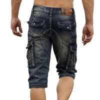 Mens Fashion Cargo Denim Shorts with Multi Pockets Slim Fit Military Jeans Shorts for Male Washed