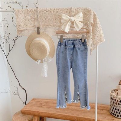 Jeans of the girls in spring 2023 new irregular han edition children sweet baby height pants pearl horn