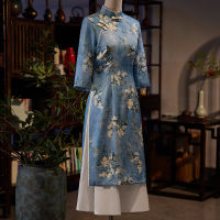 Oriental ดอกไม้พิมพ์ซาติน Mandarin Collar Cheongsam จีน Aodai ชุดเซ็กซี่เจ็ดจุดแขนผู้หญิง Qipao