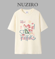 NUZIRO เสื้อยืดแขนสั้นพิมพ์ลายคอกลมคลาสสิกคอตตอนสำหรับผู้หญิง