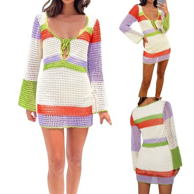 ‘；’ Women Backless Knitted Mini Dress Crochet Knit Hollow Out Sundress Long Sleeve V Neck Patchwork Dress Beach Clubwear