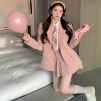 2023 Autumn Japanese Korean Style Women Pink Jk Uniform Set Girl College Style School Suit Short Coat Pleated Skirt Set