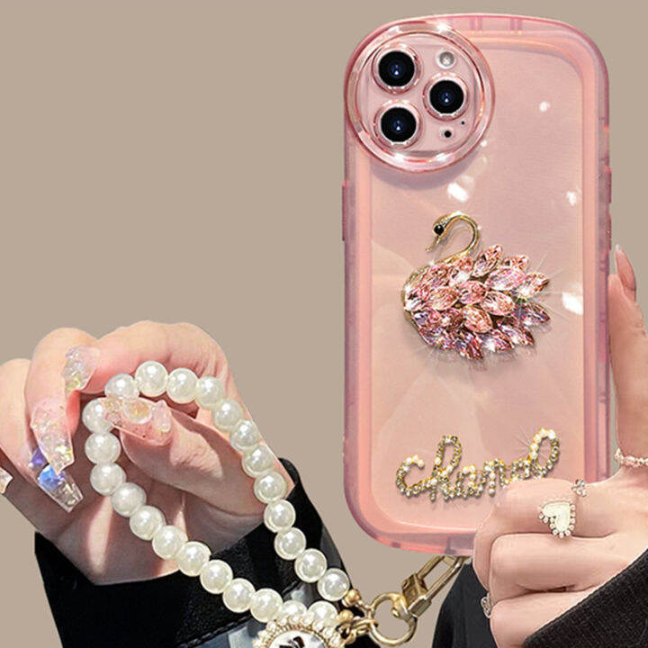 เคส-oppo-a57-a77-a76-a96-a95-a16-a16k-a16e-4g-5g-case-หรูหรา-rhinestone-swan-pearl-lanyard-ปลอกเลนส์สีใสนุ่ม2022