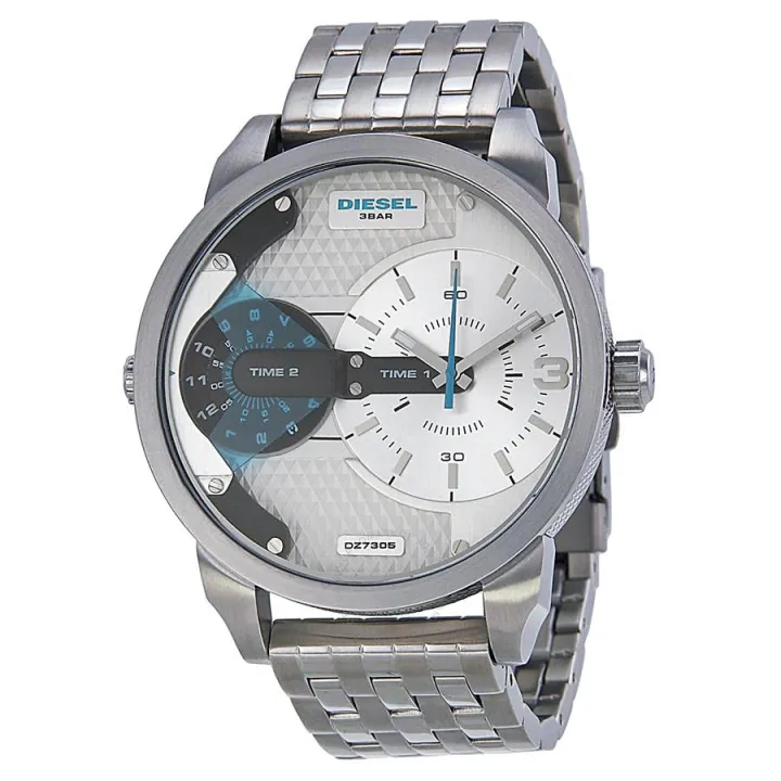 Diesel Mini Daddy Dual Time Silver Dial Stainless Steel Watch For Men - DZ7305