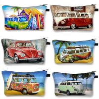 Colored cars on seaside vacation Cosmetic Bag Women Makeup Bag British Car Girls Storage Bags Ladies Portable Cosmetic Case Gift