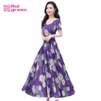 Rui green Women Dress Round Neck Retro Style High Waist Floral Pattern Slimming Dress