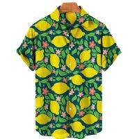 Summer Beach Vacation Fruit Lemon Floral Mens and Womens Casual Shirts Short Casual Hawaiian Shirts Single Button V-Neck Tops