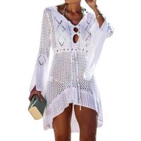 FN946N Beach Cover Up Crochet Knitted Tassel Tie Beachwear Tunic Long Pareos Summer Swimsuit Cover Up Sexy See-through Beach D