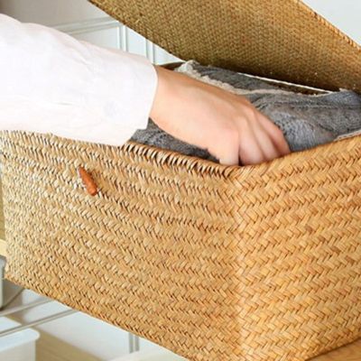 Handmade Straw Storage Basket with Lid Seagrass(M)