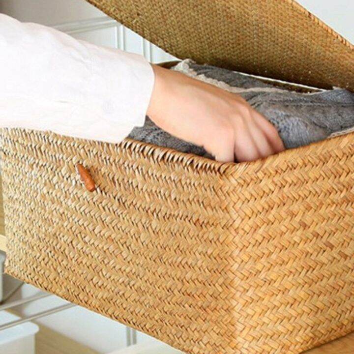 Handmade Straw Storage Basket with Lid Seagrass(M) Lazada.co.th