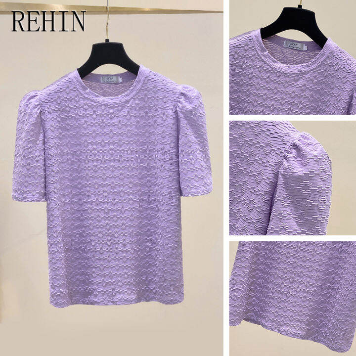 rehin-เสื้อยืดแขนสั้นผู้หญิง-เสื้อทรงหลวมและสไตล์เกาหลีแบบใหม่กระชับสัดส่วนสไตล์เรียบง่าย