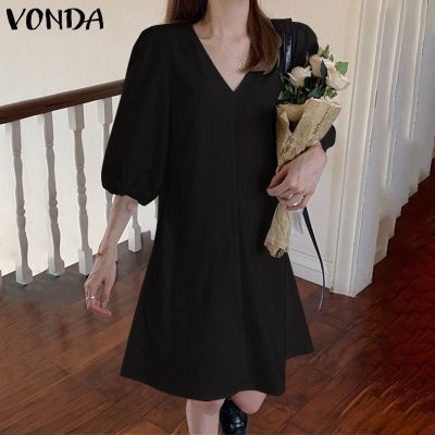 （A So Cute）♗VONDA ชุดเดเดรสสั้นจีบวันหยุดคอวีแขนสามส่วนลำลองสำหรับผู้หญิงใส่ฤดูร้อนสไตล์เกาหลี