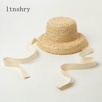 2021 new Hand-knitted Raffia Retro Flat Top Sun Hats child Summer Travel Sunscreen Vacation Straw Hat With Long ribbon wholesale