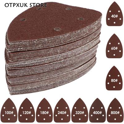 OTPXUK กระดาษเม้าส์ขัดทราย100ชิ้นกระดาษอะลูมิเนียมออกไซด์ตะขอและห่วงกระดาษทรายสามเหลี่ยม5รูแผ่นขัดเม้าส์ขัดทรายกระดาษอะลูมิเนียมออกไซด์เม้าส์ขัดทรายกระดาษ