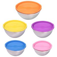 5Pcs Mixing Salad Bowl with Lids Set, Stainless Steel Salad Bowl with Silicone Bottom Serving Prepping Food Storage