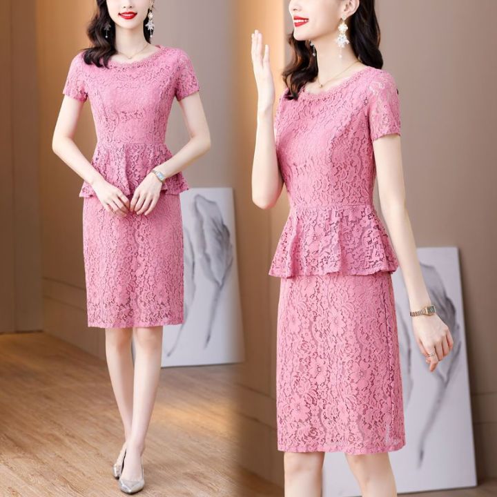 top-plus-ขนาดชุดลูกไม้-professional-ชุดกระโปรง2022ใหม่อารมณ์-elegant-lace-dress-simple-slim-slim-dress