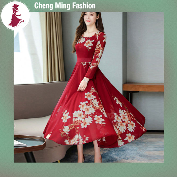 cheng-ming-ชุดสตรีแขนยาวกระโปรงยาวภาพลายดอกไม้หรูหรา-ชุดเดรสคอกลมลำลองไซส์ใหญ่สำหรับฤดูร้อน