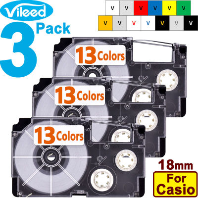 Compatible 3 Pack 18mm Tape Cartridge for Casio EZ-label Printer KL-120 KL-130 KL-820 KL-G2 KL-HD1 KL-P350W Print Label Black White Clear Red Blue Yellow Green Gold Silver XR-18WE XR-18WE1 XR-18X1 XR-18RD1 XR-18BU1 XR-18YW XR-18YW1 etc