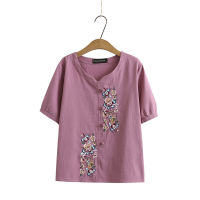 ➦【มีไซส์ใหญ่】Plus Size Womens Short Sleeve V-neck Summer Tshirts Casual Slim Vintage Tops Oversized White Pink Shirts