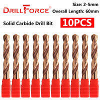 Drillforce ชุดดอกสว่านคาร์ไบด์แข็ง,ดอกสว่านร่องเกลียวสำหรับเครื่องมือสเตนเลสอัลลอยแข็ง2mm-5mmx60mm OAL HRC55จำนวน10ชิ้น