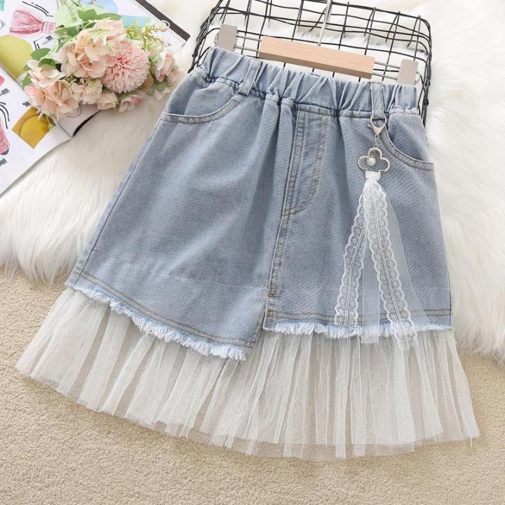 Girls denim skirt summer stitching mesh skirt Western style little girl ...