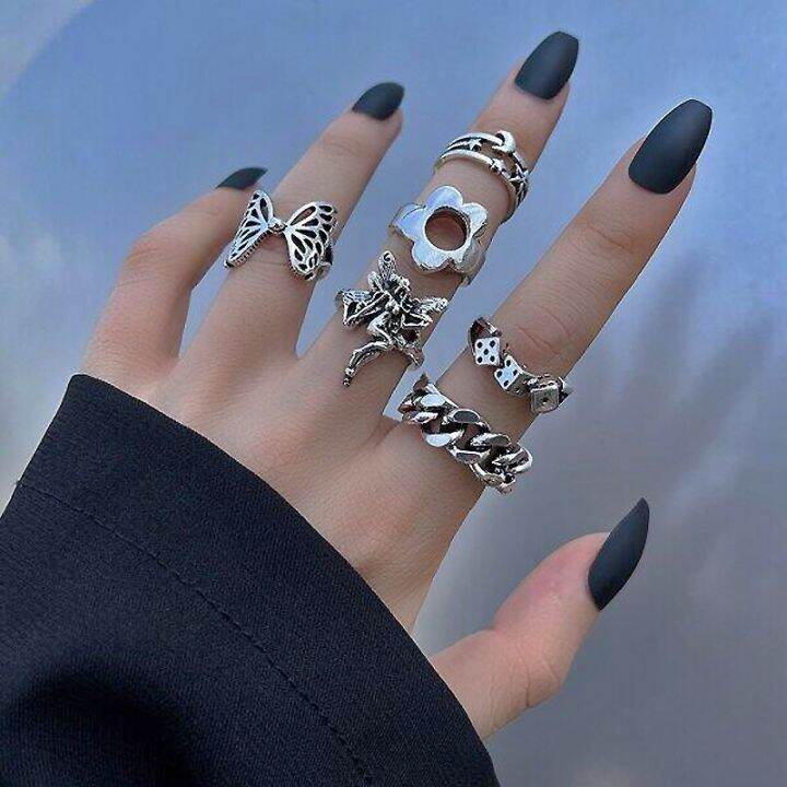 punk-gothic-butterfly-snake-chain-ring-set-for-women-black-dice-vintage-silver-plated-retro-rhinestone-charm-finger-jewelry