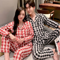 Japanese couple pajamas suit cotton crepe ladies grid print simple long-sleeved shirt long pant pajamas mens home service