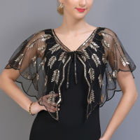 R 1920s Beaded Sequin Shawl Vintage Flapper Evening Cape Sheer Mesh Embroidery Leaf Women Bolero Party Accessories2023