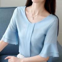 Women Tops Plain Chiffon Blouse Korean Fashion Flare Sleeve Plus Size Tops