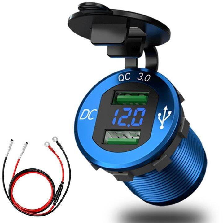 lz-12v-24v-car-quick-charge-3-0-dual-usb-charger-waterproof-socket-aluminum-power-outlet-fast-charge-with-led-voltmeter