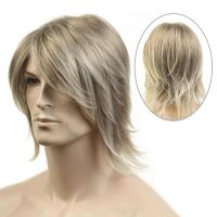 AIMISI Synthetic Fiber Wigs Hair Wig Faint Yellow Mid Length Long Straight Cosplay Toupee for Man