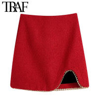 TRAF Women Fashion With Chains Front Slit Tweed Mini Skirt Vintage High Waist Back Zipper Female Skirts Mujer