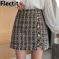 Flectit Women Pearl Buttoned Tweed Skirt Gold Thread Thick Warm Wool High Waist A-Line Mini Skirt Winter