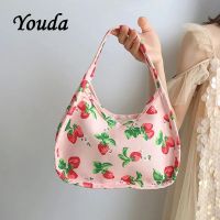 Youda Ladies39กระเป๋าผ้าใบพิมพ์ลายสตรอเบอร์รี่กระเป๋าถือใบเล็กสำหรับผู้หญิง; กระเป๋าแบบหนีบแขนมีซิปครึ่งกระเป๋าดวงจันทร์ผ้าคอตตอน