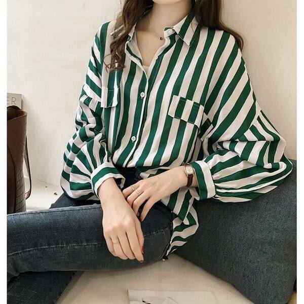 M-4XL plus size Korean style loose stripe shirt for women casual