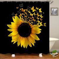 Bernicl Sunflower Butterflies Shower Curtain for Bathroom Decor Black and Yellow Bath Accessories with Hooks Waterproof Polyester