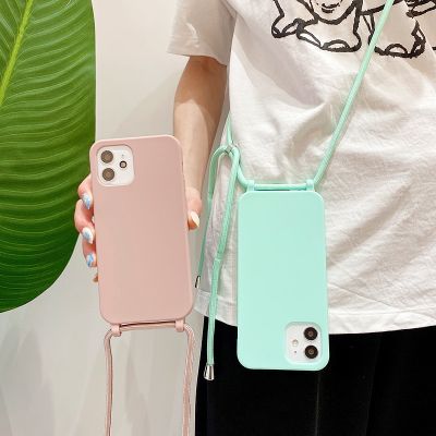 Casing Silikon Lembut Tali Kalung Selempang Mewah untuk iPhone 11 12 13 14 Pro Max Mini XS XR X 6S 7 8 Plus Penutup Tali Kabel SE