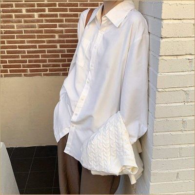 ♂▥✽ White shirt for women in spring and autumn new style loose mid-length design niche inner layering shirt long-sleeved top