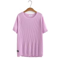 【มีไซส์ใหญ่】Plus Size Womens Short Sleeve Ice Knitted Summer Shirts Oversized Vintage Purple Black Female Tops