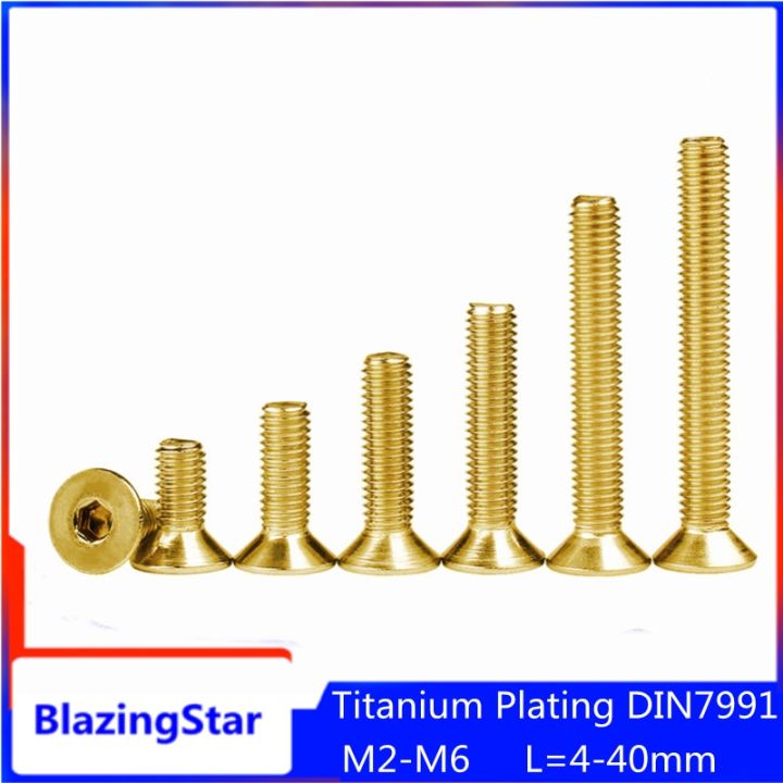 5-10pcs-tyrant-gold-plating-titanium-m2-m2-5-m3-m4-m5-m6-l-4-40mm-hexagon-hex-socket-countersunk-flat-head-allen-bolts-din7991-nails-screws-fasteners