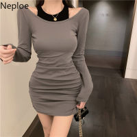 Neploe 2022 Vestidos De Mujer Off Shoulder Bodycon Dresses Korean Fashion Folds Y2k Robe Patchwork Temperament Sexy Mini Dress