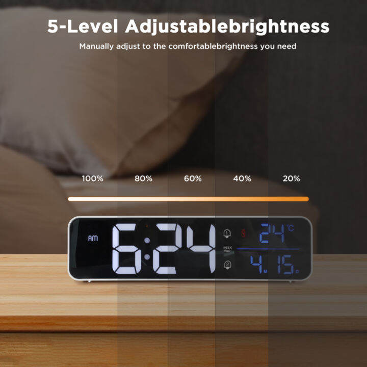 Digital Alarm Clock Bedside Continuous LED Display Desk Clock with
