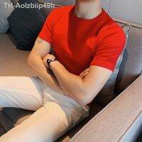 Aolzbiip49h คุณภาพสูงชายสีทึบรอบคอสั้นเสื้อกันหนาวฤดูใบไม้ผลิใหม่Slimmingสบายๆเกาหลีแฟชั่นถักPullovers