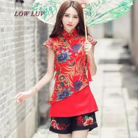 Women Ethnic Top Traditional Chinese Clothing Vintage Original Designer M-3XL Green Red Print Qipao Patchwork Blouse Shirt TB454