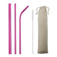 Reusable Drinking Straws Set Pink Green Metal Straw 304 Stainless Steel Bent Drinks Straw with Cleaning Brush Bar Accessory Specialty Glassware