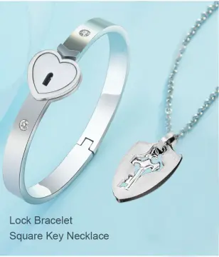 Couple Titanium Steel Love Heart Lock Bracelet Bangle & Key Pendant  Necklace Set