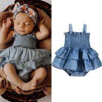 Pakaian Bayi Perempua 2022 Baju Monyet Denim Musim Panas Suspender Tanpa Lengan Desain Berlipat ชายผ้าแบบพองฟู Bawah Kancing Jepret Jepret Jepret Jupsuit Lucu