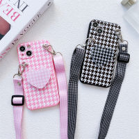 แฟชั่นเคสโทรศัพท์สำหรับ iPhone 12 Mini 12 12 Pro 12 Pro Max 13 13 Pro 13 Pro Max 13 Mini 14 14 Plus 14 Pro 14 Pro Max Crossbody Houndstooth รูปหัวใจขาตั้งโทรศัพท์ TPU Soft Cover